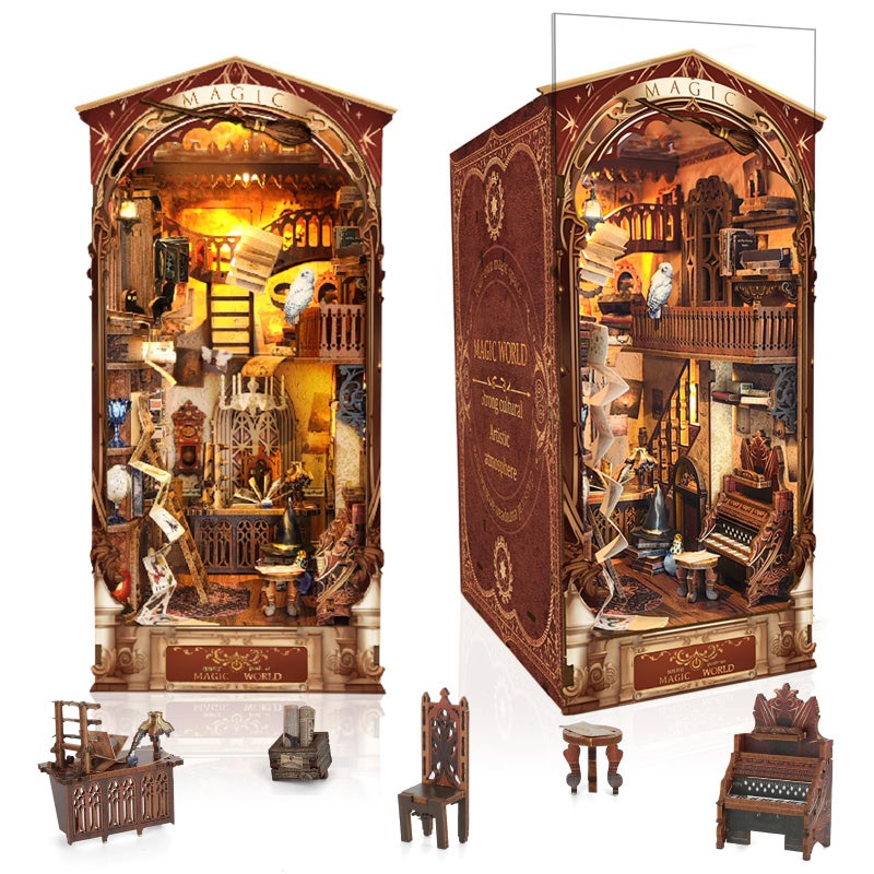 SUDOPOR DIY Book Nook Kit New DIY Dollhouse Booknook Bookshelf Insert Decor 3D Wooden Puzzles with LED Book Nook Miniature Kit Birthday Easter Home Decor for Teens Adult-Magic World - Image 1